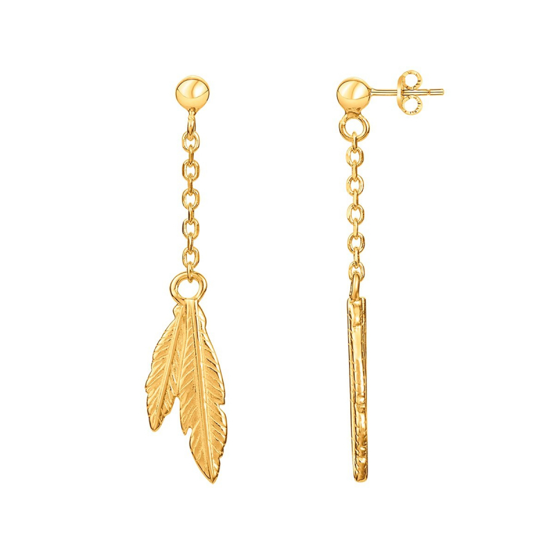 Boucles d'oreilles femme pendantes plumes plaque or jaune - pendantes -  edora