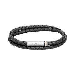 Bracelet homme boss ares cuir noir et acier argenté - bracelets-homme - edora - 0