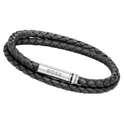 Bracelet homme boss ares cuir noir et acier argenté - bracelets-homme - edora - 1