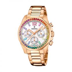 Montre chronographe femme festina boyfriend blanc acier doré rose - chronographes - edora - 0