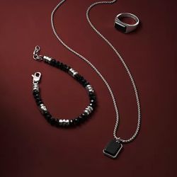 Bracelet perles homme 19cm fossil all stacked up acier argenté agates noires - beads - edora - 2