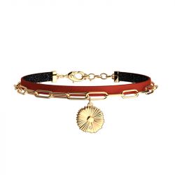 Bracelet femme les cadettes lotus rÉversible laiton doré cuir rouge et paillettes noires  - plus-de-bracelets-femmes - edora - 0