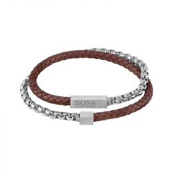 Bracelet homme blended boss acier argenté et cuir marron 1580149s - bracelets-homme - edora - 0