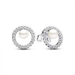 Boucles d'oreilles femme puces pandora argent 925/1000 perle de culture d'eau douce traitée & halo pavé  293154c01 - puces - edora - 0