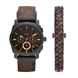 Coffret montre homme fossil machine chronographe en cuir marron et bracelet fs5251set - montres-homme - edora - 0